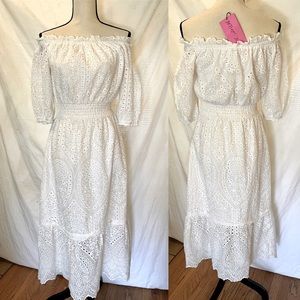 NWT Betsey Johnson white eyelet off shoulder midi dress